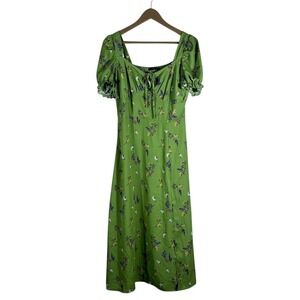 Hesperus Milkmaid Floral Puff Sleeve Smocked Maxi Dress Green Boho Size L